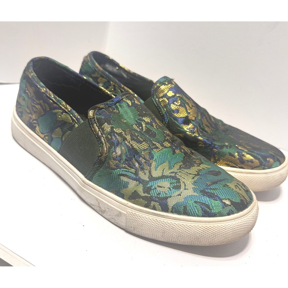 Steve Madden Evangel Metallic Floral Brocade Slip On Sneakers Green Gold 8.5